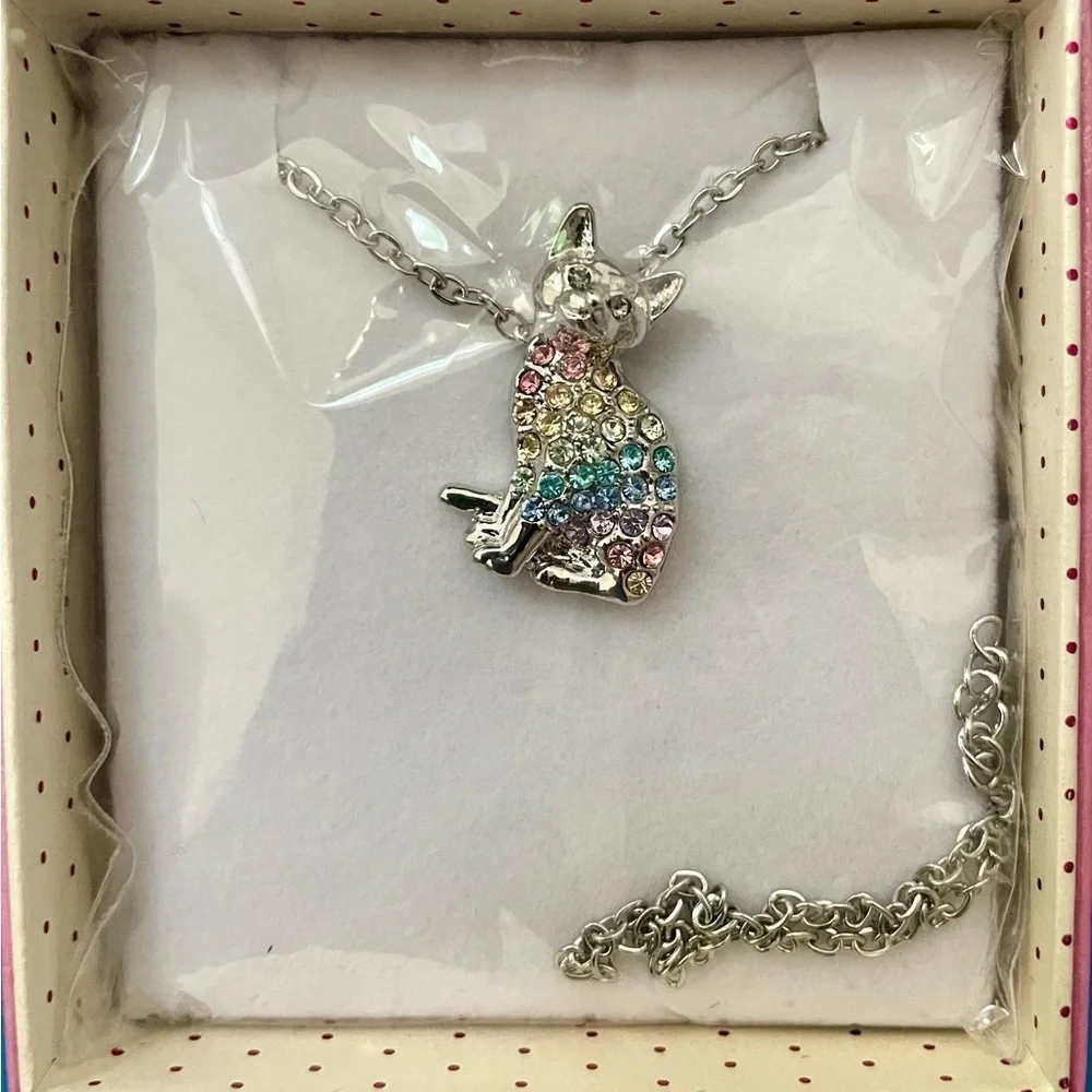 Silver Cat Pendant Necklace with Multicolor Crystals